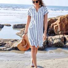guangzhougaolangshangmao  Vestido camisero de verano para mujer, de manga corta, cuello en V y rayas, hasta la rodilla, vestidos de verano para mujer, vacaciones - Amarillo - Ver 3