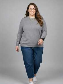 Vivi Women's Plus Size Knit Blouse For Cold Weather, Basic Long Sleeve, Autumn/Winter - 淺灰色 - 查看 4