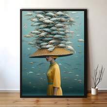 1 pieza Póster de arte minimalista retro Art Deco sin marco de una chica con sombrero y pez, decoración de pared de lienzo con tema de moda para el hogar, oficina, sala de estar, dormitorio, comedor, decoración del hogar - A - Ver 4