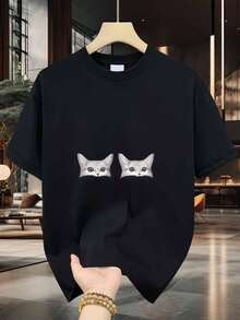 Camiseta de Algodón para Hombre con Diseño de Doble Cara de Gato, Algodón de Alta Calidad, Duradera, Casual y Elegante - Negro - Ver 2