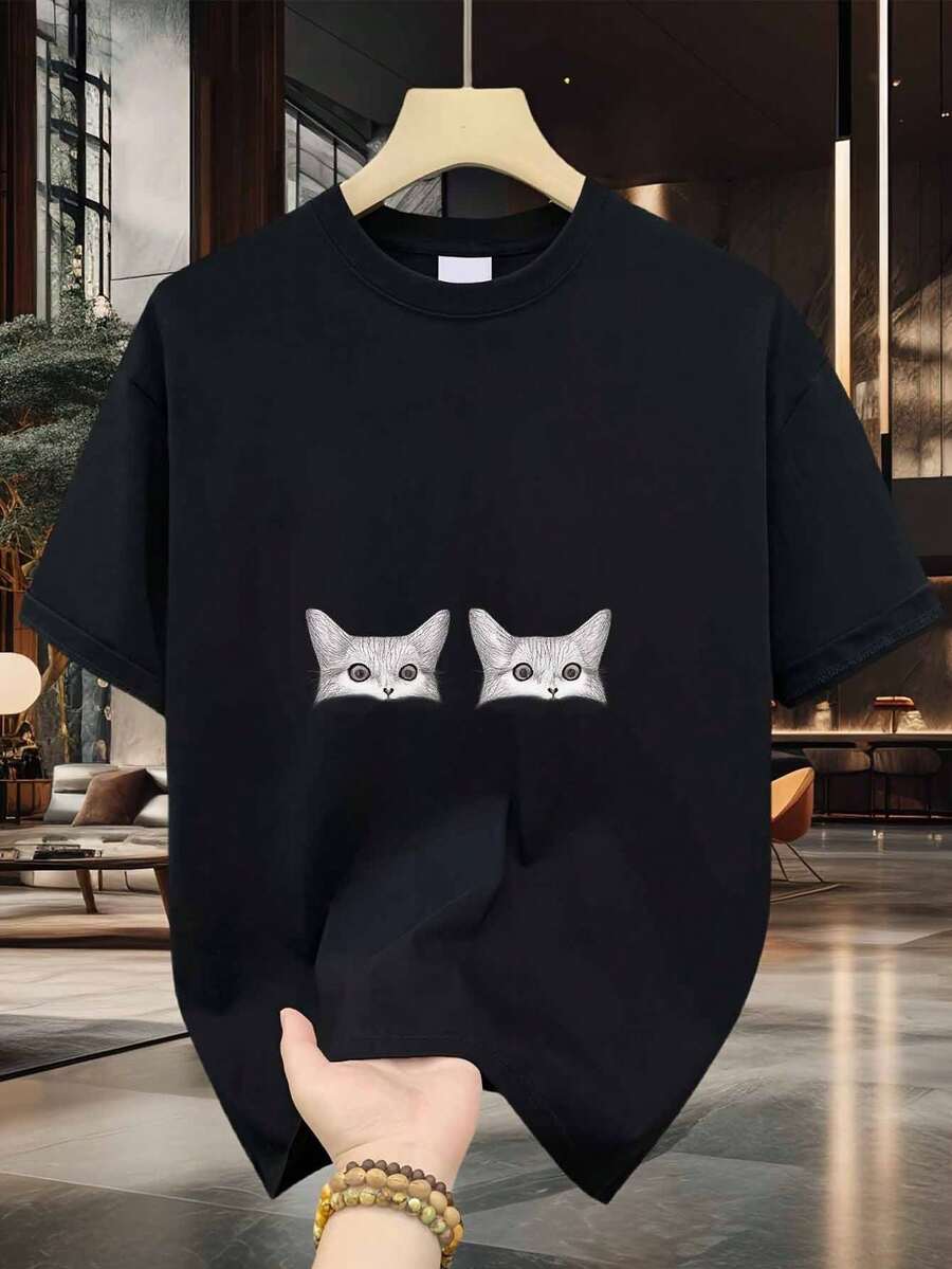 Camiseta de Algodón para Hombre con Diseño de Doble Cara de Gato, Algodón de Alta Calidad, Duradera, Casual y Elegante