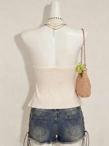 Top halter de punto con cuello en V y lazo para mujer, casual elegante de moda para verano - Albaricoque - Ver 2