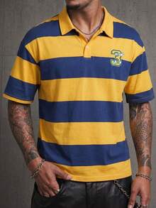 Camisa polo de corte relajado con bloques de color y rayas anchas de estilo universitario retro americano para hombres - Multicolor - Ver 2