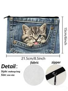 Cute Cat Denim-Print Makeup Bag, Creative 2D Pocket Cat Design Zippered Storage Pouch – Portable Makeup Bag/Coin Pouch, Multi-Functional Portable Storage Bag - Multicolor - View 6