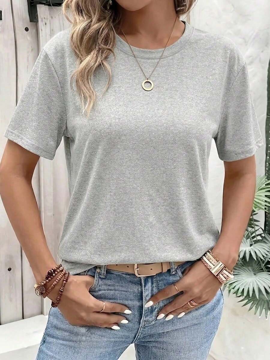 Women's Loose Fit Crew Neck T-Shirt, Solid Color Short Sleeve Top That Goes With Everything, Soft And Breathable, Versatile For Everyday And Casual Summer Wear In Black - 灰色 - 查看 1