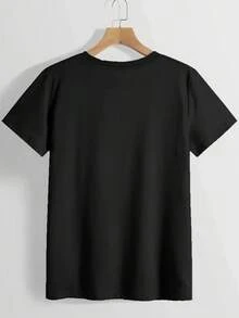 Camiseta estampada del Día de la Independencia, top casual de manga corta y cuello redondo, top casual de manga corta para el verano, adecuado para mujeres, top de tela de punto de longitud - Negro - Ver 2