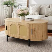 Oval Coffee Table With Rattan, Sliding Doors, Wood Look, Metal Legs, Multifunctional Living Room Table With Storage Space - Natural - 查看 4