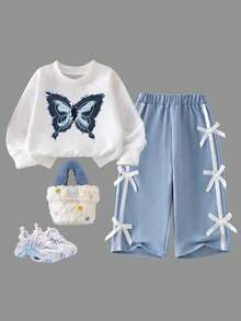 Baby Girl Ribbon Bow Decor Round Neck Long Sleeve Top And Pants - White - View 2
