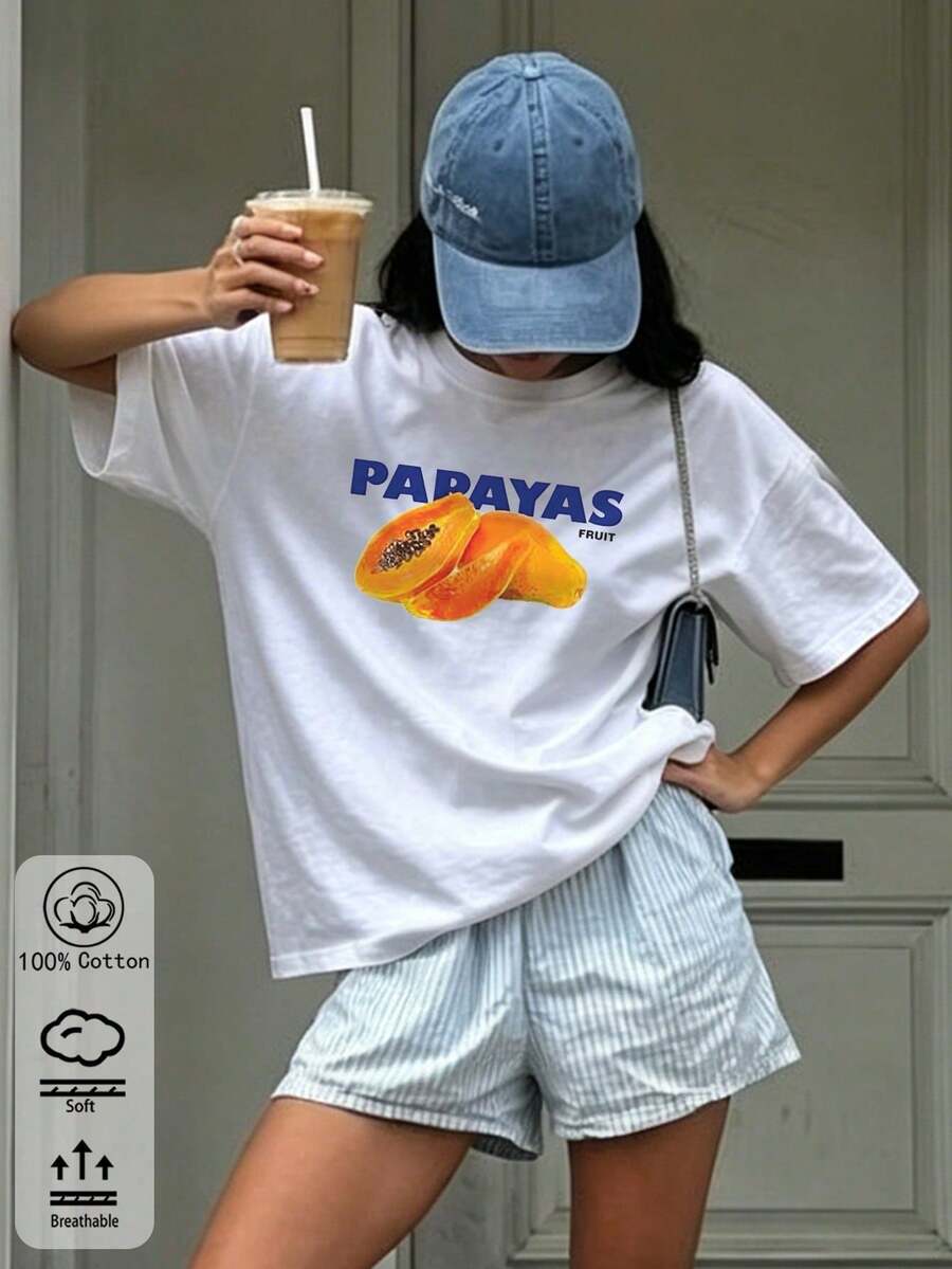 Women's Oversized White Cotton Papaya Print T-Shirt: Casual Streetwear, Loose Fit For Everyday Wear, Perfect For Summer With Soft And Breathable Fabric, Versatile Design For Laye - Banc - View 1