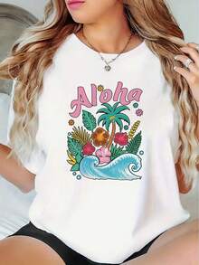 Cómoda camiseta de manga corta estilo hawaiano con estampado Aloha para mujer, talla grande, ligera y transpirable, diseño de hojas de palma de hibisco, ropa de playa casual negra para el ve - Blanco - Ver 1