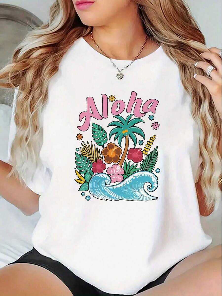 Cómoda camiseta de manga corta estilo hawaiano con estampado Aloha para mujer, talla grande, ligera y transpirable, diseño de hojas de palma de hibisco, ropa de playa casual negra para el ve - Blanco - Ver 1