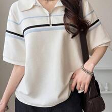 Camiseta de polo de cuello medio con cremallera y ajuste holgado con bloques de color para mujer, de verano - Albaricoque - Ver 7