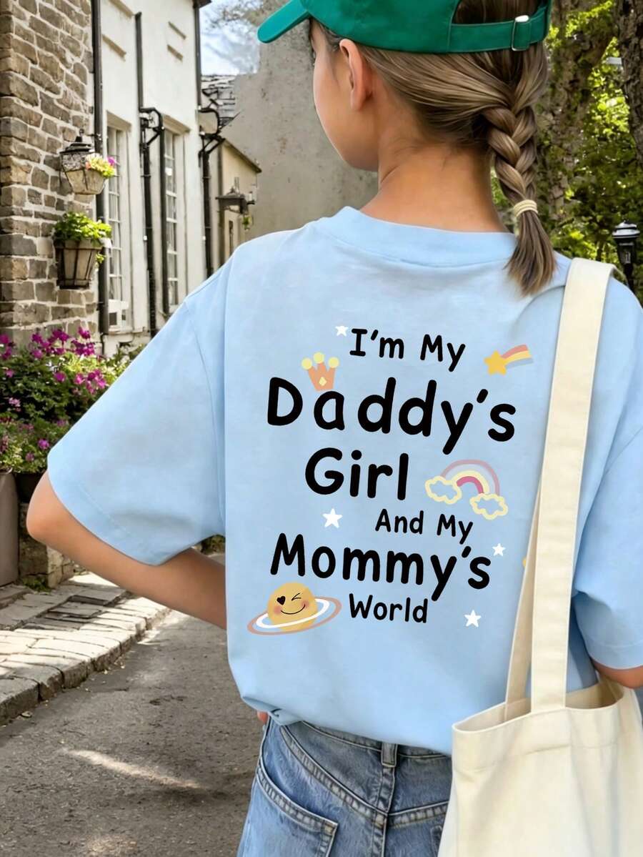 Tween Girls' Casual Funny Print Crew Neck Short Sleeve T-Shirt, Summer Top - Baby Blue - View 1