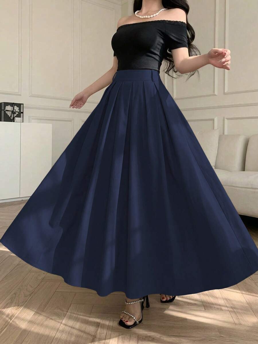 Chân váy maxi xếp ly dáng suông, màu xanh navy trơn, phù hợp cho đi làm, hẹn hò, mặc thường ngày, có túi, đa năng, thích hợp mặc hàng ngày vào mùa xuân. - Màu xanh hải quân - Xem 1
