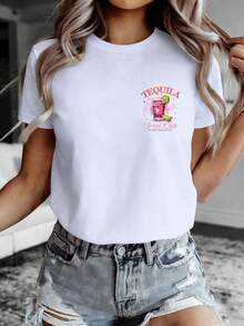 Stylish And Fashionable Women's T-Shirt With Agave And Lime Print, Premium Resort Style, Casual Short-Sleeved Top, Versatile, Simple And Comfortable, New Women's Sports T-Shirt,  Summer Clothing. - 白色 - 查看 3