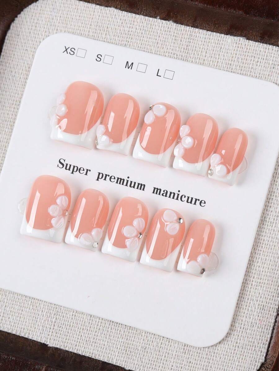 10 Peças Unhas Postiças Quadradas Curtas Feitas à Mão, Estilo Francês Rosa Nude Suave com Decoração de Pétala 3D & Pérola, Unhas Falsas de Cobertura Total para Uso Diário, Encontros, Festas, Manicure Elegante para Mulheres e Meninas
