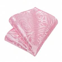 Pink Paisley Jacquard Men Tie Pocket Square Cufflinks 3Pcs Set, Random Cufflink Pattern, Luxury Accessories For Wedding, Holiday & Party - Pink - View 4