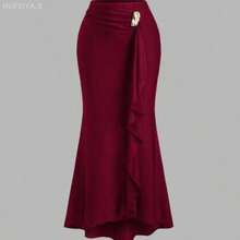 Yunuo Menswear  Falda de sirena con dobladillo elegante estilo italiano, diseño asimétrico fruncido con acento de hebilla de metal, nueva llegada de moda para otoño, mujer - Burdeos - Ver 1