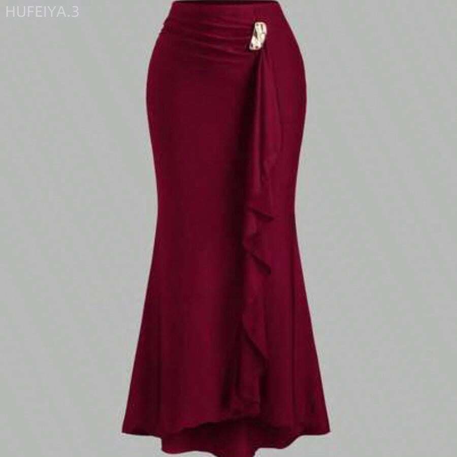 Yunuo Menswear Falda de sirena con dobladillo elegante estilo italiano, diseño asimétrico fruncido con acento de hebilla de metal, nueva llegada de moda para otoño, mujer - Burdeos - Ver 1