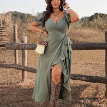 jianchaimaoyi02 Ceyna Vestido elegante con lazo y volantes en el bajo para mujer de talla grande - Verde - Ver 4