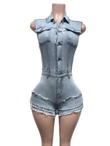 Denim Jumpsuits For Women Sleeveless Short Jumpsuit Stretch Slim Romper, Y2K Street Fashion Women's Clothing - 淺色水洗藍 - 查看 3