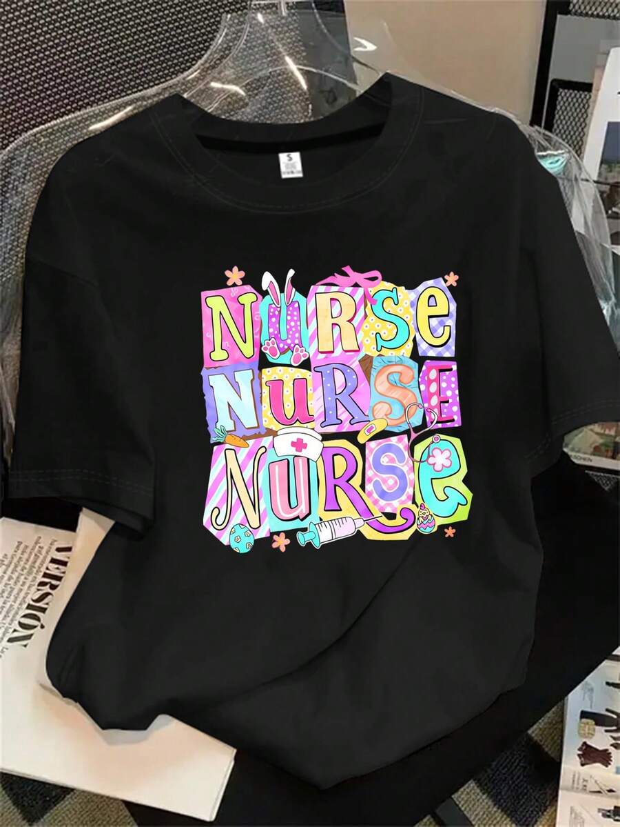 Camiseta de manga corta con cuello redondo para mujer, estampado de enfermera, estampado artístico de enfermera, adecuada para todas las estaciones. - Negro - Ver 1
