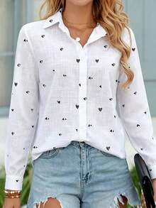 YI XUAN Women's White Long Sleeve Shirt Collar Printed Blouse, Heart Print, Front Button Closure, Regular Hem, Woven Fabric - White - View 7
