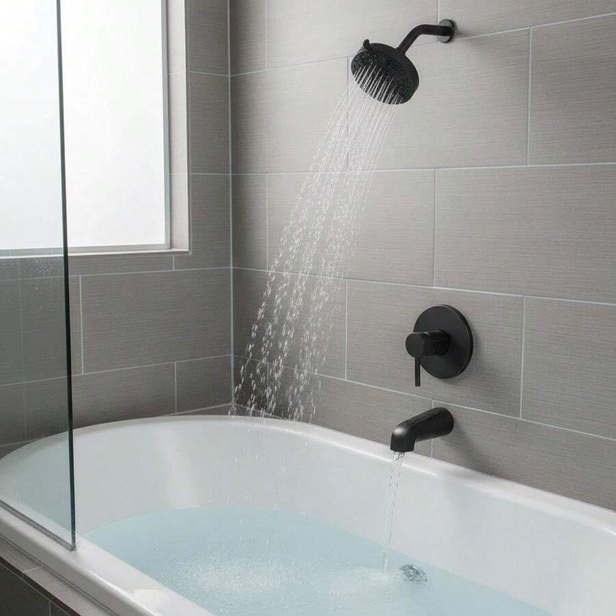 [Free Shipping] Bathtub Shower System 5-Inch Rain Showerhead Bathtub Spout For Master Bathroom Guest Suite Rental Apartment 8-Setting Adjustable Spray Single-Handle Tub Trim Kit Brass Pressure Balancing Valve Matte Black-XY958366 - Default0 - View 1