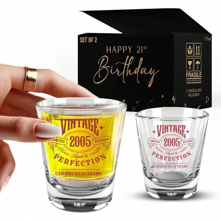 Juego de 2 vasos de chupito clsico de 2004, 1. onzas cada, estampado de oro rosa, decoraciones de feliz cumpleaos 21 para ella y l, regalo nico para hombres y mujeres, vidrio de chupito - ORO ROSA - Ver 1