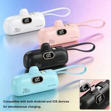 5000mAh Mini Portable Charger 20W Fast Charging Power Bank With Built-In USB-C & Lightning Cables, LED Display, Compact Travel External Battery Pack For IOS & Android Devices,4PCS - Pink - View 4
