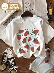 Minimalist. 100% Cotton. 1 Piece. Women's Casual Summer Top, Hand-Painted Style, Black Polka Dot And Strawberry Print, Crew Neck, OKFC Pure Cotton Short-Sleeved T-Shirt. Spring/Summer Top. - 白色 - 查看 1