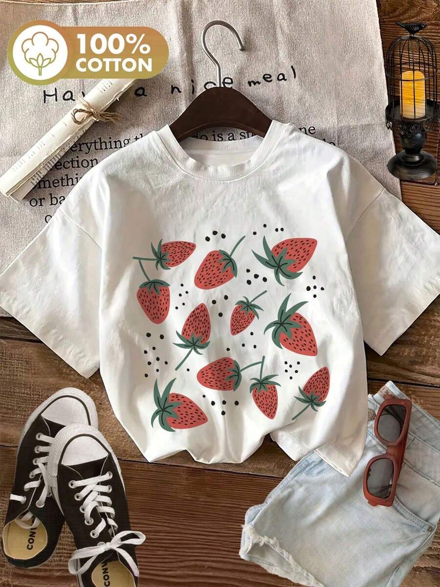 Minimalist. 100% Cotton. 1 Piece. Women's Casual Summer Top, Hand-Painted Style, Black Polka Dot And Strawberry Print, Crew Neck, OKFC Pure Cotton Short-Sleeved T-Shirt. Spring/Summer Top. - 白色 - 查看 1