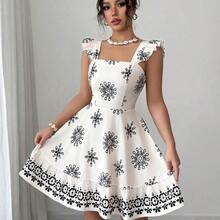 guang zhou mi qian shang mao  Vestido casual de vacaciones y uso diario con diseño de cintura impresa, espalda descubierta, lazo y mangas acampanadas - Rosa - Ver 8