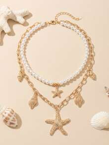 1pc New Creative Summer Beach Vacation Party Fashion Elegant Ocean Vacation Style Multilayer Pendant Necklace, Suitable For Daily Wear, Dates, Parties - Yellow Gold - View 3