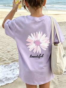 Tween Girls Floral Print Round Neck T-Shirt, Summer Top - Purple - View 2