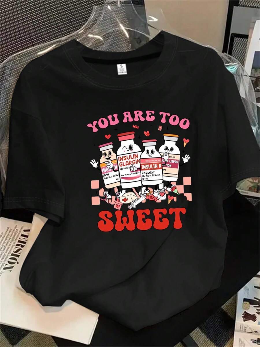 Top de mujer de manga corta y cuello redondo con estampado de personaje de dibujos animados, que utiliza la palabra "tú" para representar el estampado, apto para todas las estaciones. - Negro - Ver 1
