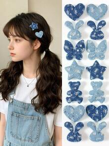 10pcs Random Blue Tone Rhinestone Glitter Fashion Hair Clips With Star, Rabbit, Butterfly, Bear, Heart Fabric Decor, Cute Girl Daily & Party Hair Accessories - Multicolor - View 1