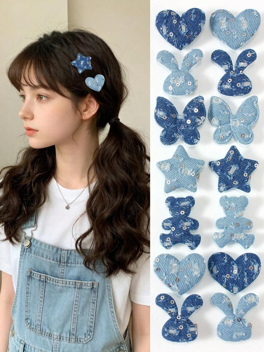 10pcs Random Blue Tone Rhinestone Glitter Fashion Hair Clips With Star, Rabbit, Butterfly, Bear, Heart Fabric Decor, Cute Girl Daily & Party Hair Accessories - Multicolor - View 1