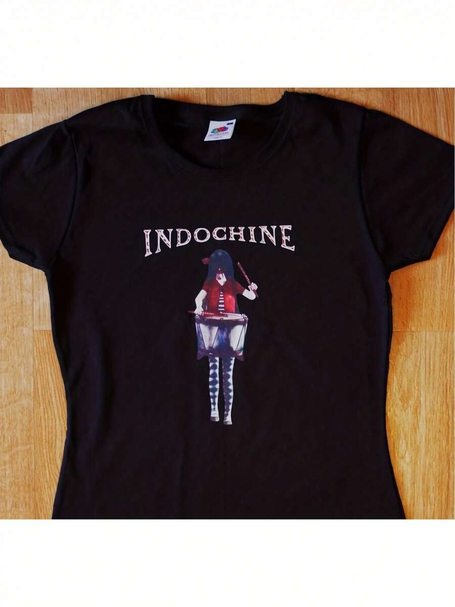 Camiseta negra para hombre con estampado gráfico del baterista de la banda Indochine, ropa casual. - Negro - Ver 1