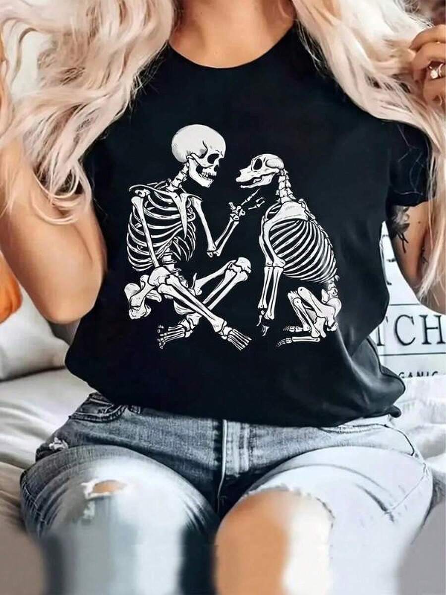 Camiseta unisex de algodón puro [LindaMujeresCamisetaLindoYCómodoHumanoYPerroCráneoCabezaMujeresInformalCamisetaVeranoRopaTranspirableNuevoEstilo,AdecuadoParaRegalos,BaratoYCute,ropadepantalones de mujerdetraje de hombredebañohombre,ropadehombre,playerasdehombre,vestidoscasualesparamujer - Negro - Ver 1