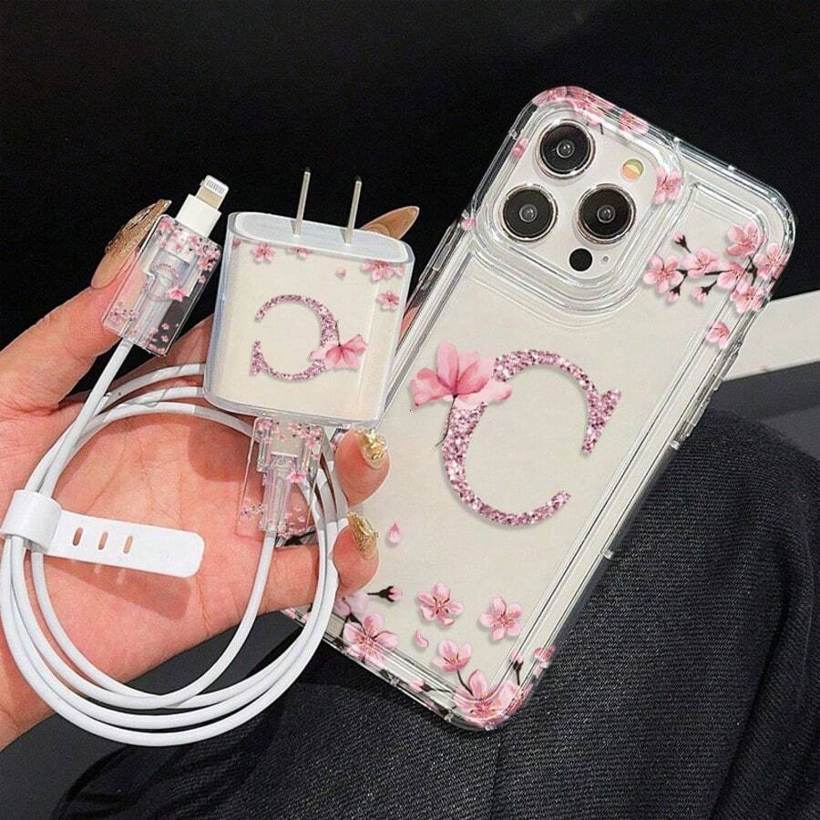 5件組花卉字母C個性化圖案保護手機殼 + 充電頭套 + 線材保護套 + 收納掛繩 TPU防震全機身保護手機殼 適用於Apple 16 15 14 13 12 11 Pro Max - 彩色 - 查看 1