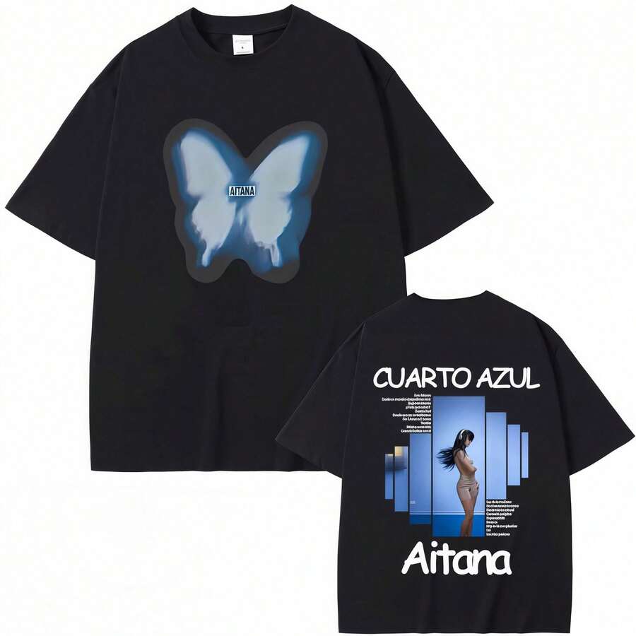 Vintage Blue Singer's 4th Album Inspired Graphic T-Shirt, Fashion T-Shirts For Men And Women, Pop Music T-Shirts, Casual Loose Cotton T-Shirts, Summer Tops. - 黑色 - 查看 1