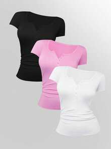 2026 Nuevo 3 piezas Camisetas de manga corta casuales y versátiles de unicolor con pliegues para mujer - Multicolor 10 - Ver 1