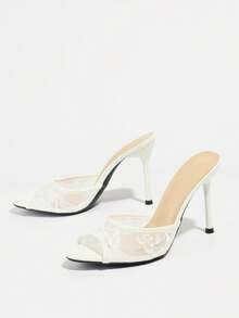 Women's High Heel Sandals, Lace Mesh, Spring/Summer Elegant Style, Unique Pattern, Wide Strap, Peep Toe, Mule Slippers, High-End Mirror Finish, Soft Skin-Friendly Texture, Noble, Professional, Romantic, White, Nightclub, Party, Runway, Wedding, Date, Travel, Vacation, Valentine's Day Gift, Mother's Day, Women's Day, Thanksgiving, Spring Festival, New Year Women's Shoes - White - View 5