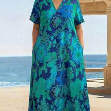 dahkjdgajy  Vestido holgado con bolsillo, de manga corta y estampado floral, talla grande para mujer, para vacaciones - Verde - Ver 2