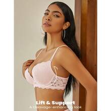 Push Up Bras For Women Add 2 Cups Sexy Lace Cleavage Extra Padded Plunge Bra Underwire - 粉色 - 查看 2