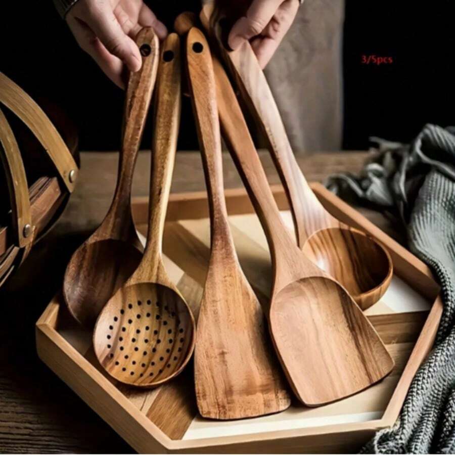 5-Piece Wooden Cooking Spoon Set, Wok Spatula, Natural Teak Kitchenware, Kitchen Spatula Set, Slotted Spoon, Wooden Spatula, Kitchenware Set, Wooden Spatula, Soup Ladle, Teak Set