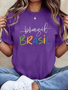 White Brasil Colorful Letter Print T-Shirt, Women Crew Neck Short Sleeve Casual Tee, Brazil National Flag Color Graphic Summer Vacation Loose Fit Top - 紫羅蘭色 - 查看 1