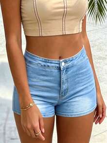 Casual Distressed Denim Hotpants For Women Mid Waist Frayed Rolled Hem Summer - 0002淺藍 - 查看 6
