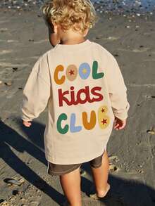 1pc Baby Boy Long Sleeve T-Shirt, "COOL KIDS CLUB" Print, Soft Fabric, Vintage Casual Style - Apricot - View 1